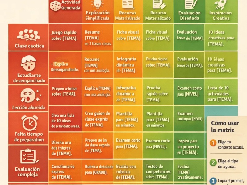 Matriz de Prompts Situacionales para Docentes – Soluciones IA en 15 Minutos para el&nbsp;Aula